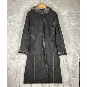 Centigrade Womens Black Faux Suede Long Toggle‎ Coat Faux Fur Lined Hooded Small